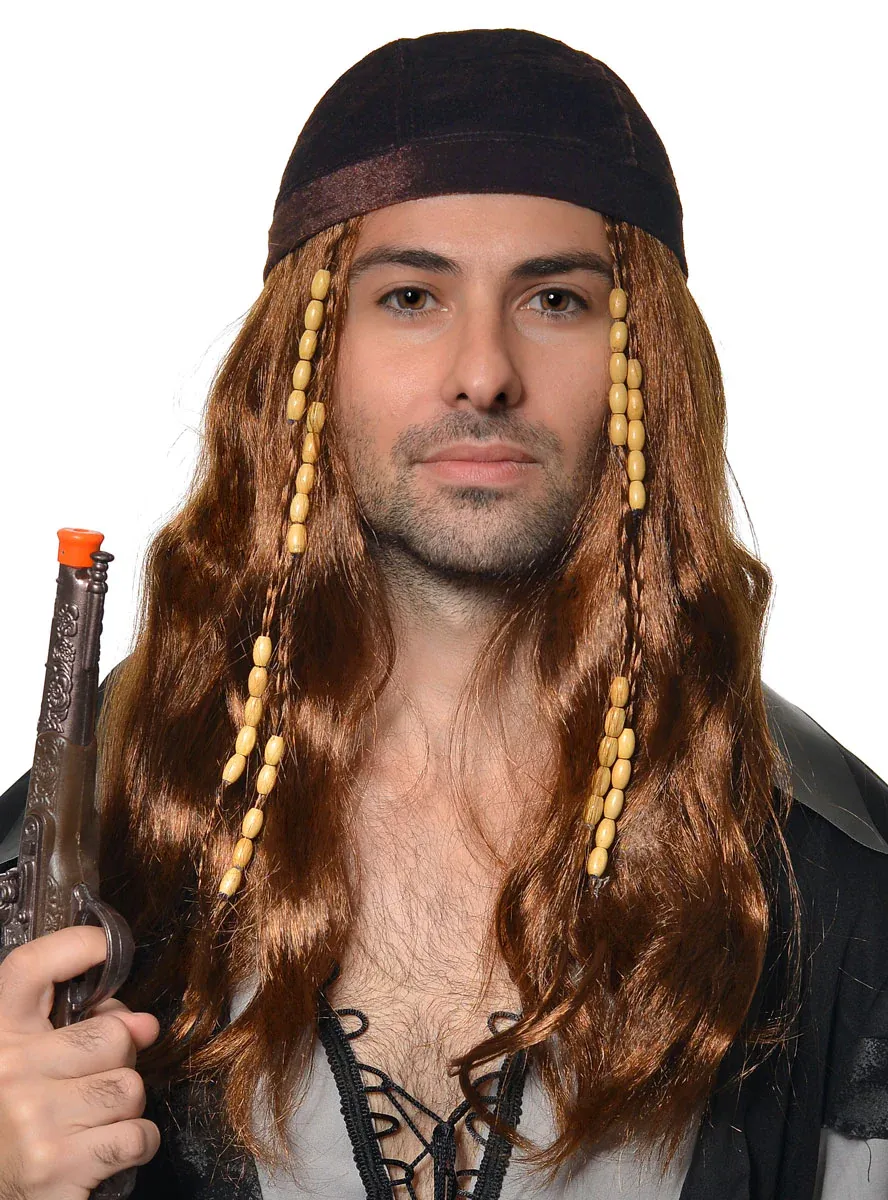 Long Brown Mens Pirate Costume Wig with Bandana - Image 1