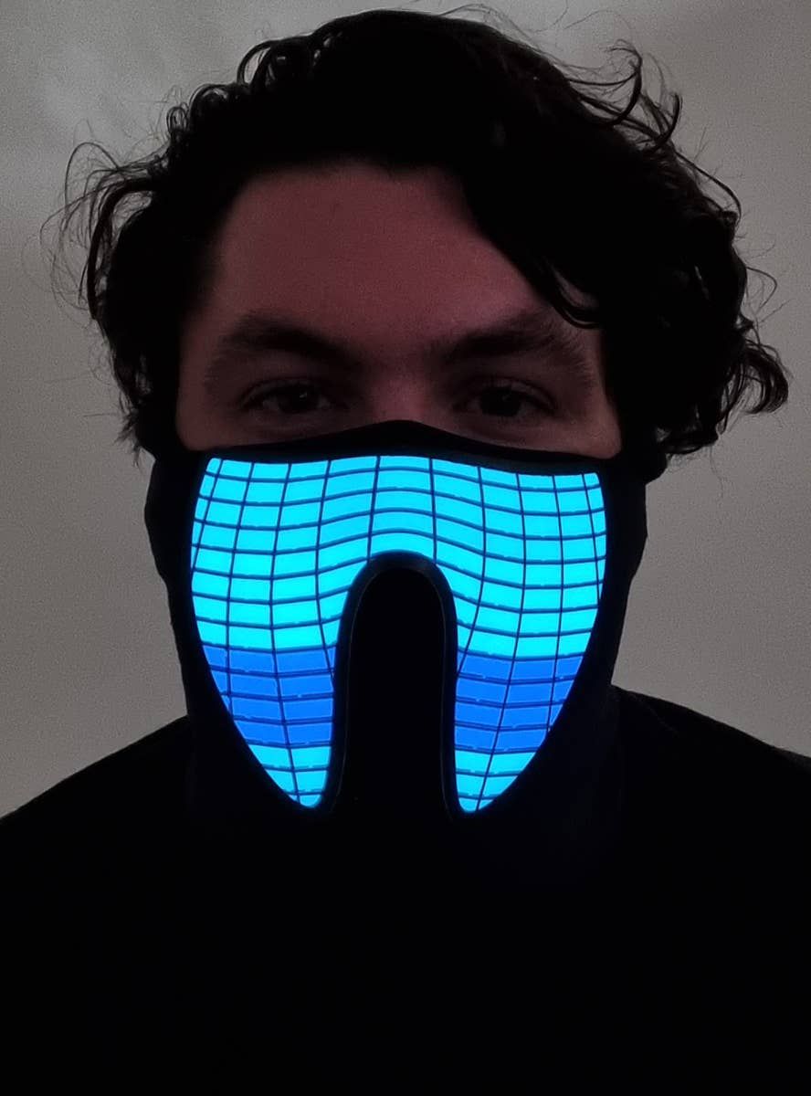 Purple and Teal Wave Sound Activated Light Up Pattern Mask - Image 1