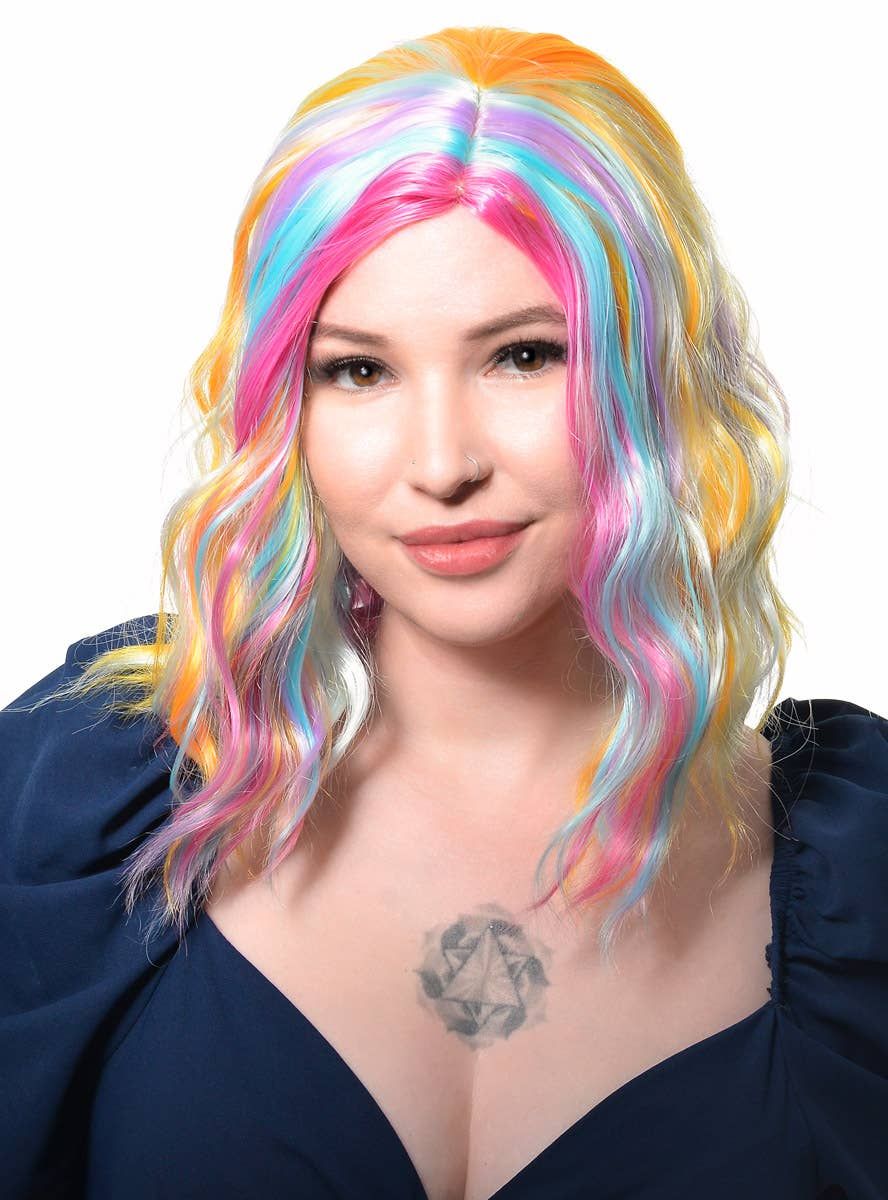 Pastel Rainbow Wavy Mid Length Womens Costume Wig - Image 1