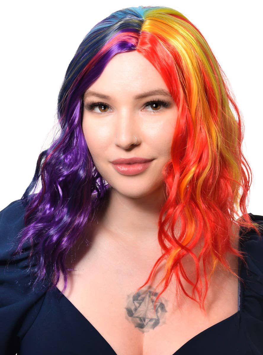 Bright Rainbow Womens Wavy Mid Length Costume Wig - Image 1