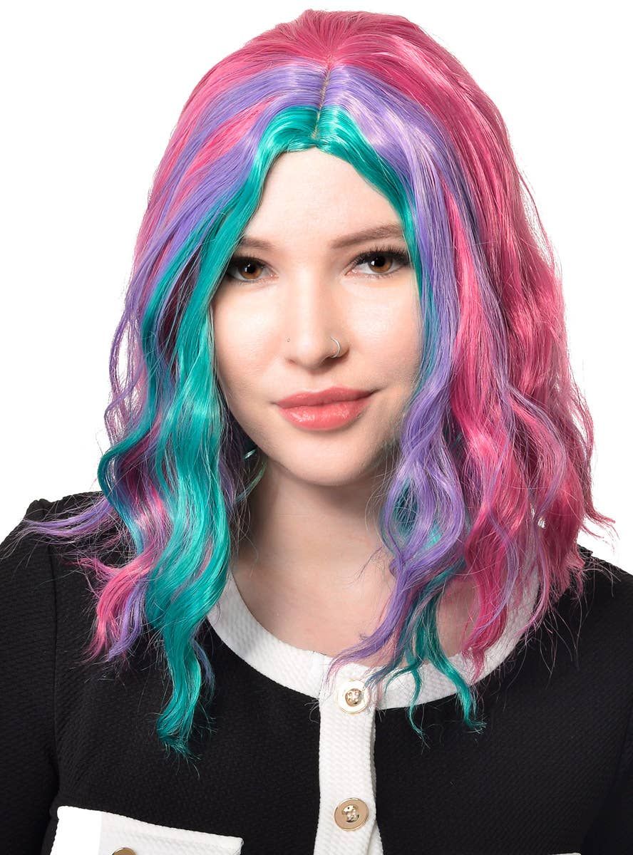 Mid Length Wavy Pink Purple and Teal Womens Costume Wig - Image 1