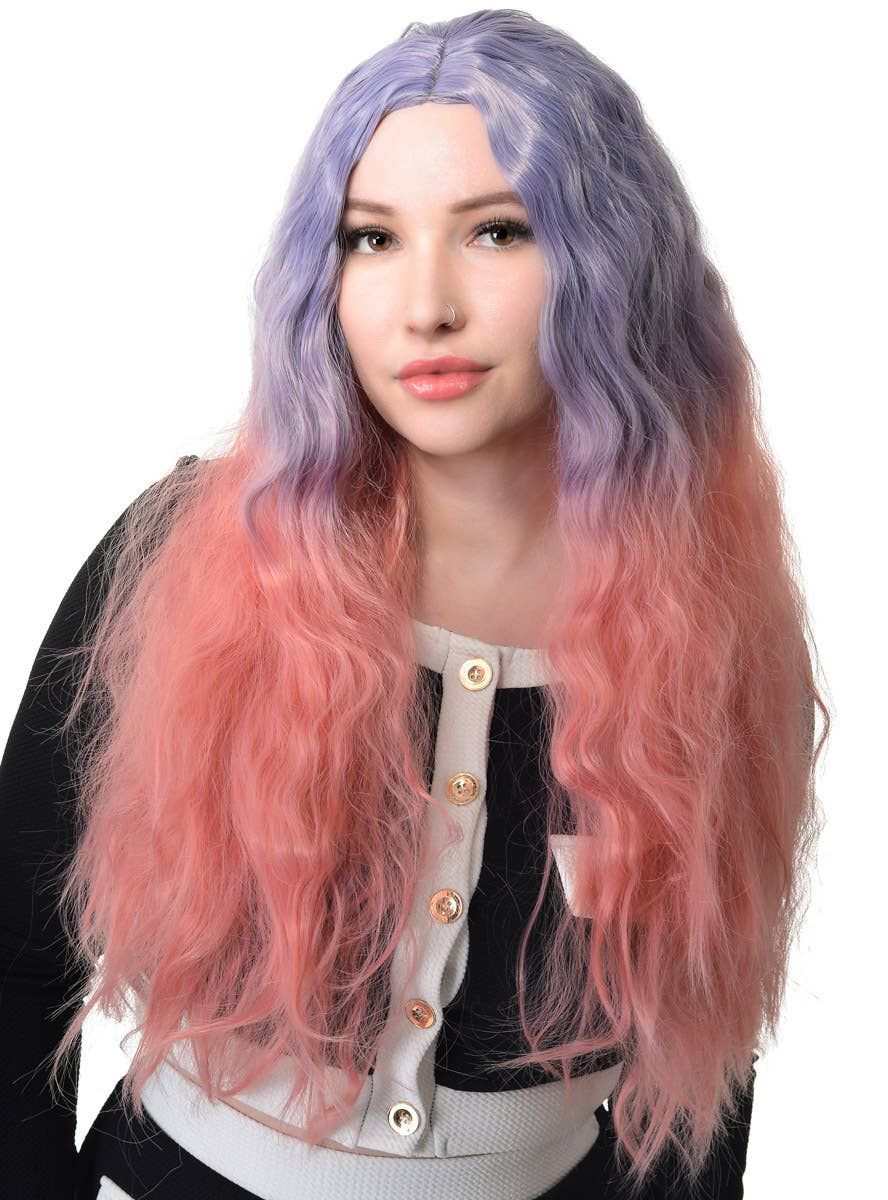 Long Wavy Purple to Pink Ombre Womens Costume Wig - Image 1
