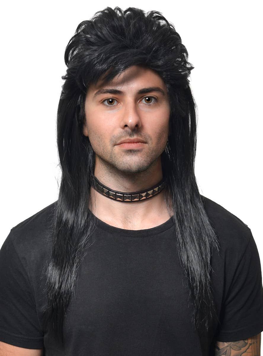 Classic Long Black Mullet Mens Costume Wig - Image 1