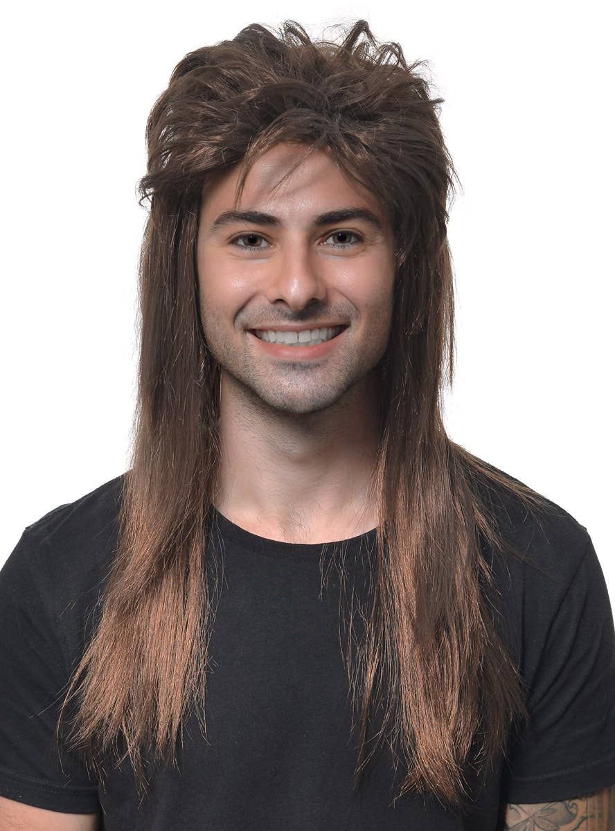 Classic Long Chestnut Brown Mullet Mens Costume Wig - Image 1