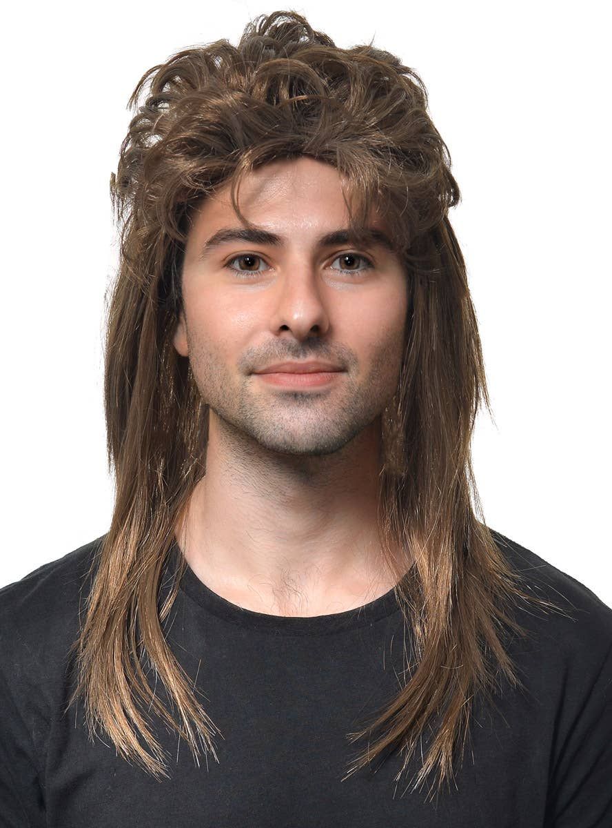 Classic Long Ash Brown Mullet Mens Costume Wig - Image 1