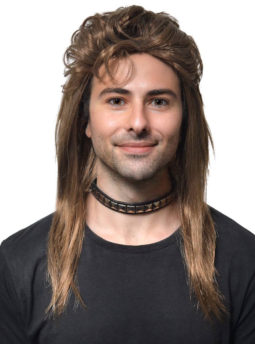 Classic Long Rich Brown Mullet Mens Costume Wig - Image 1