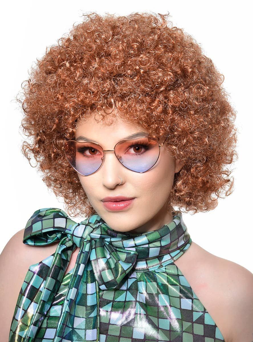 Light Auburn Brown Unisex Adults 70s Disco Afro Costume Wig - Image 1