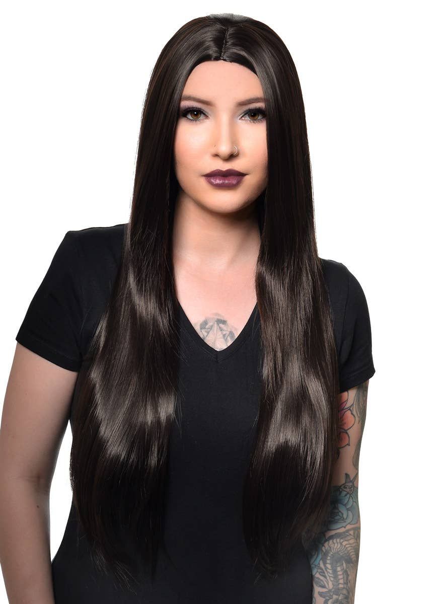 Morticia Addams Long Straight Near Black Womens Costume Wig - Image 1