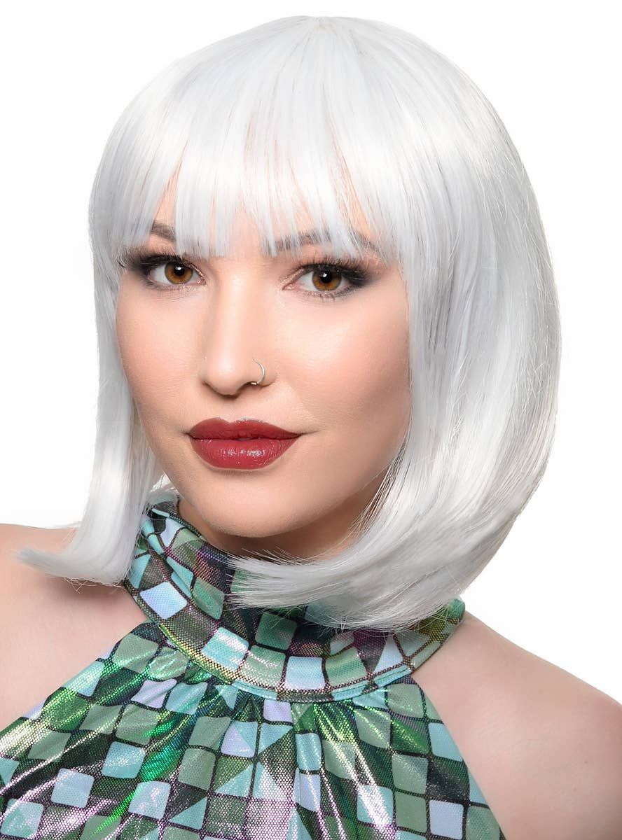 Short White Bob Deluxe Womens Costume Wig with Fringe - Image 1