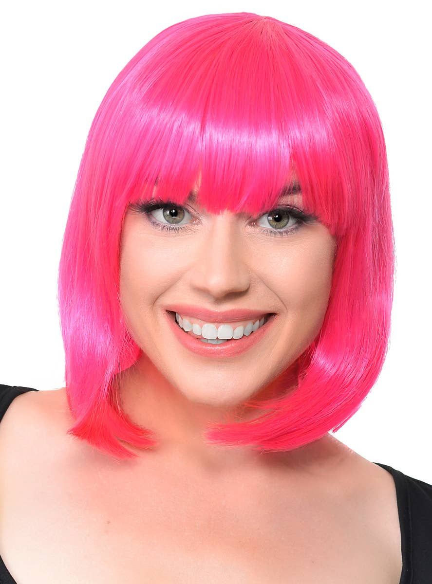 Short Hot Pink Bob Womens Costume Wig with Fringe - Image 1