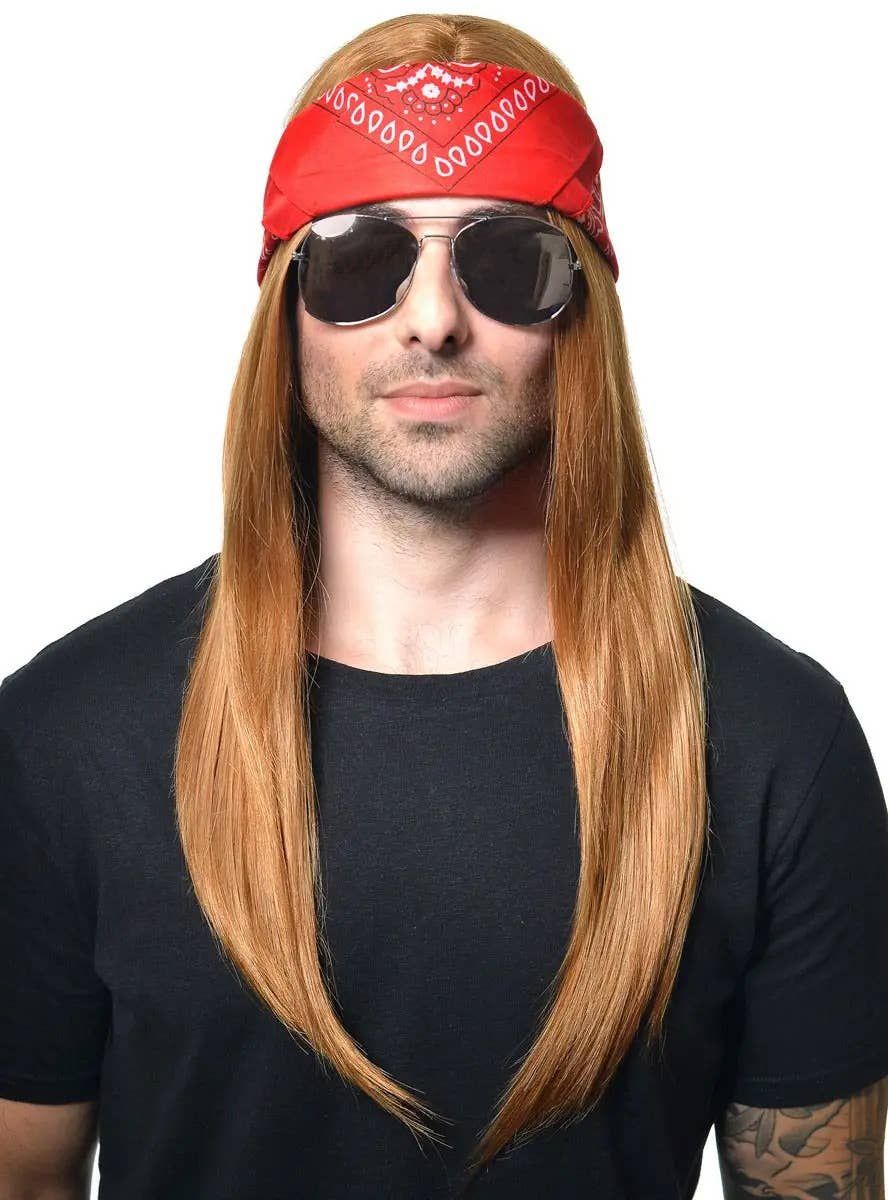 Long Ginger Axl Rose Mens Costume Wig with Bandanna - Image 1
