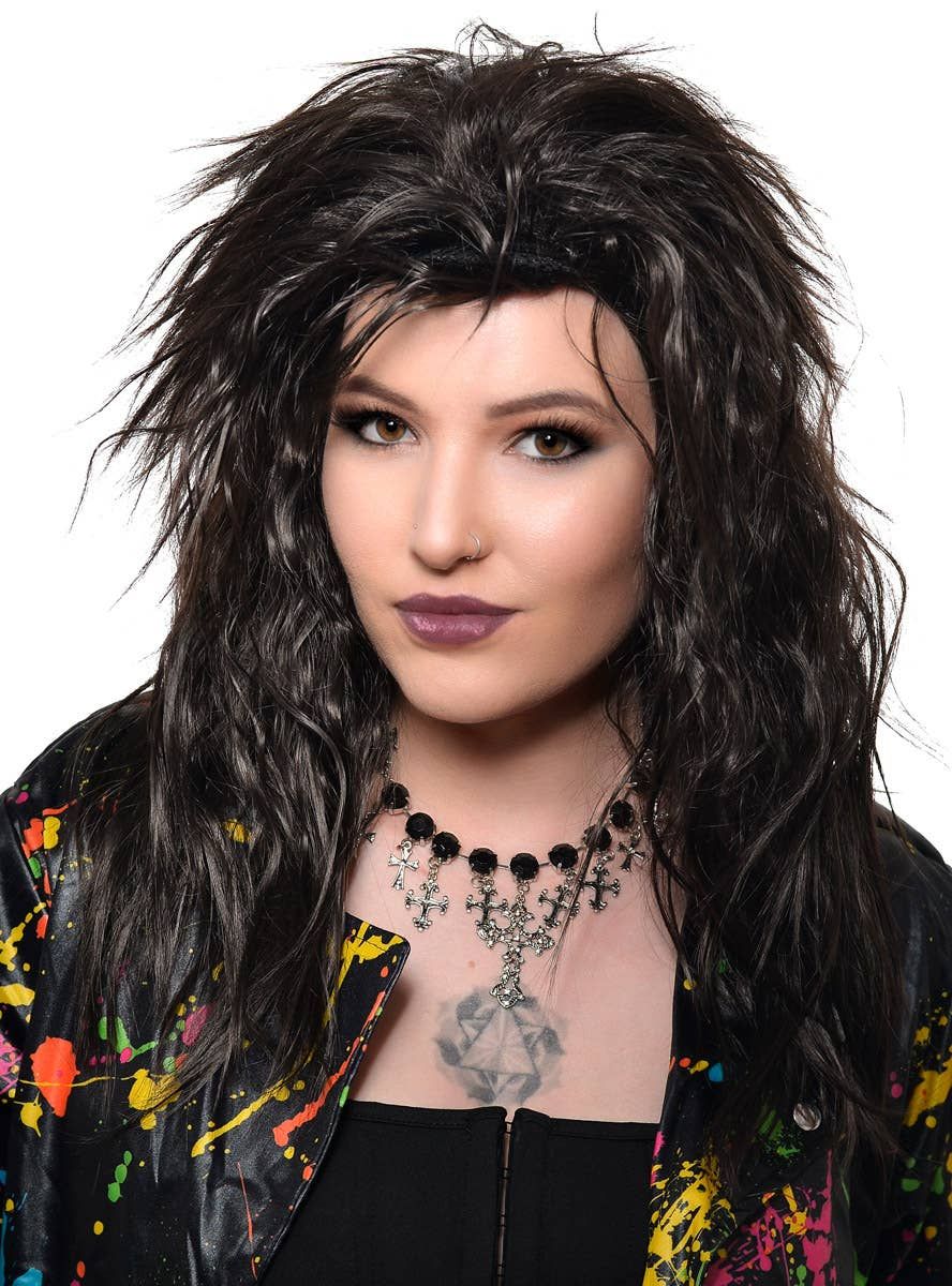 Shaggy Nearly Black 1980s Womens Rockstar Costume Wig - Image 1