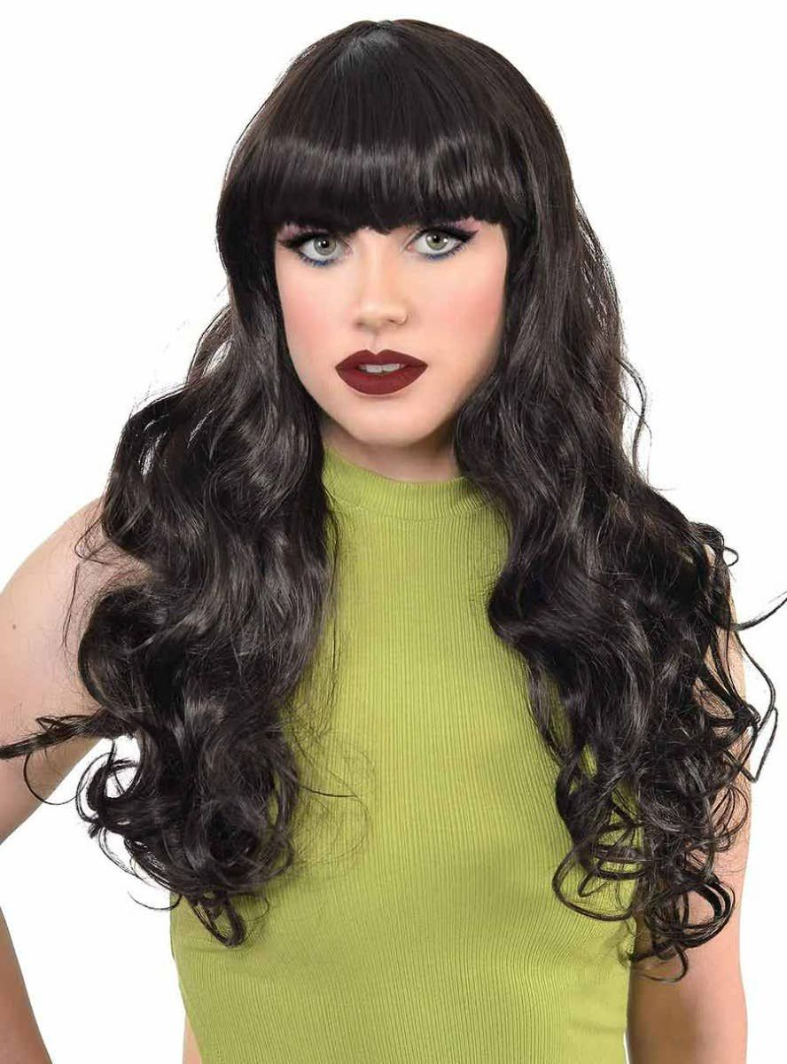 Long Curly Nearly Black Halloween Costume Wig with Fringe - Image 1