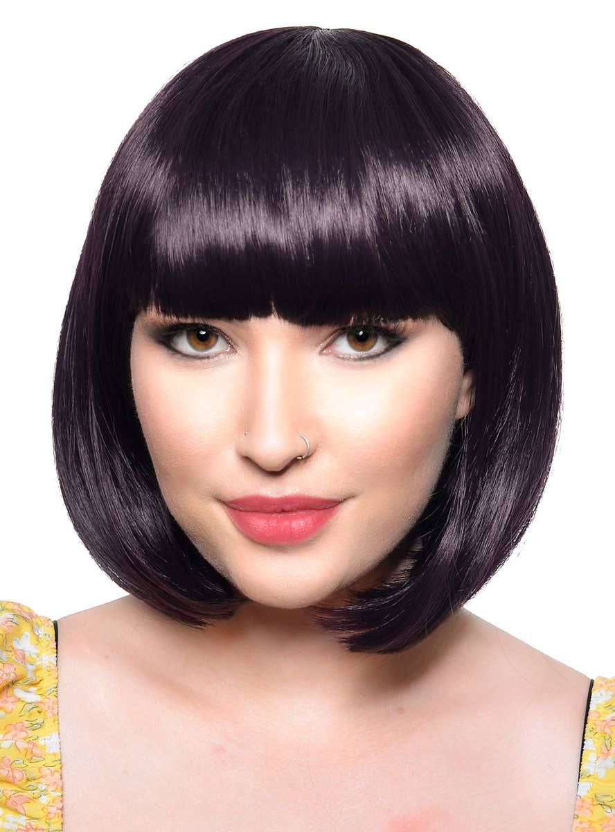 Short Violet Black Heat Resistant Bob Fashion Wig with Fringe - Image 1