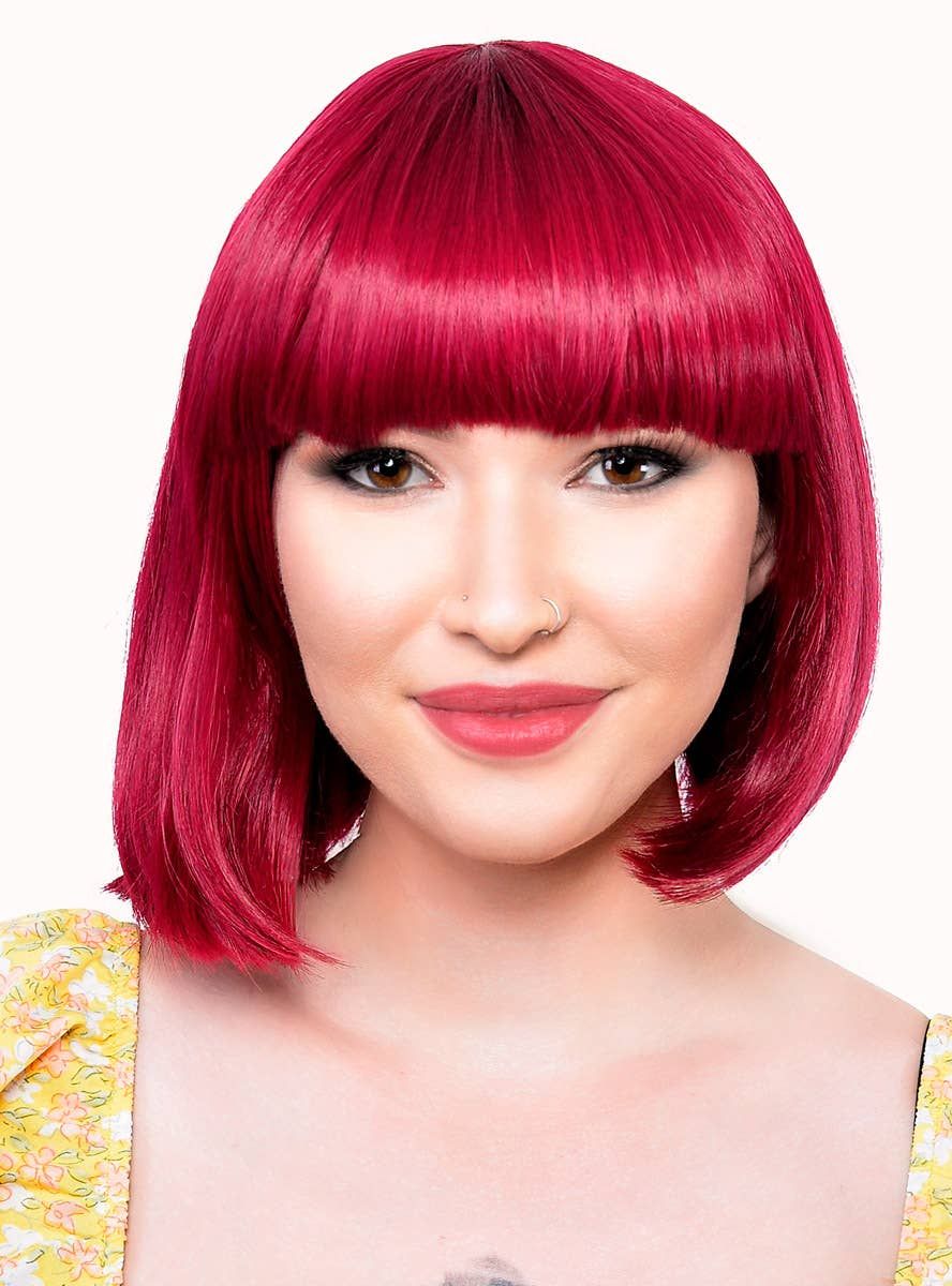 Short Cherry Red Heat Resistant Bob Fashion Wig with Fringe - Image 1
