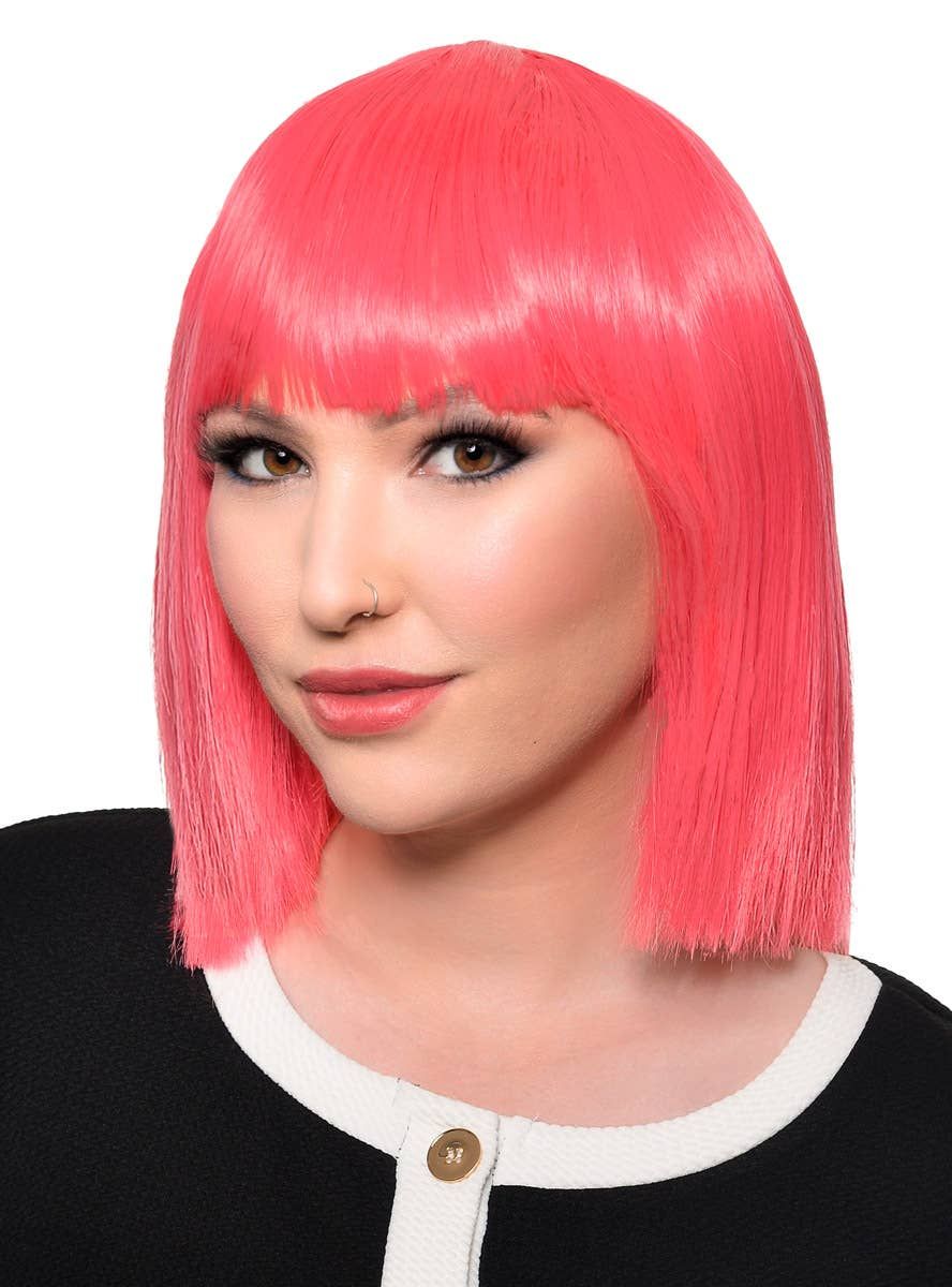Short Strawberry Pink Heat Resistant Bob Fashion Wig with Fringe - Image 1