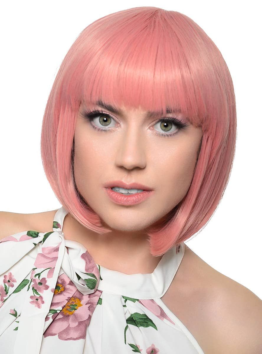 Short Dusty Pink Heat Resistant Bob Fashion Wig with Fringe - Image 1