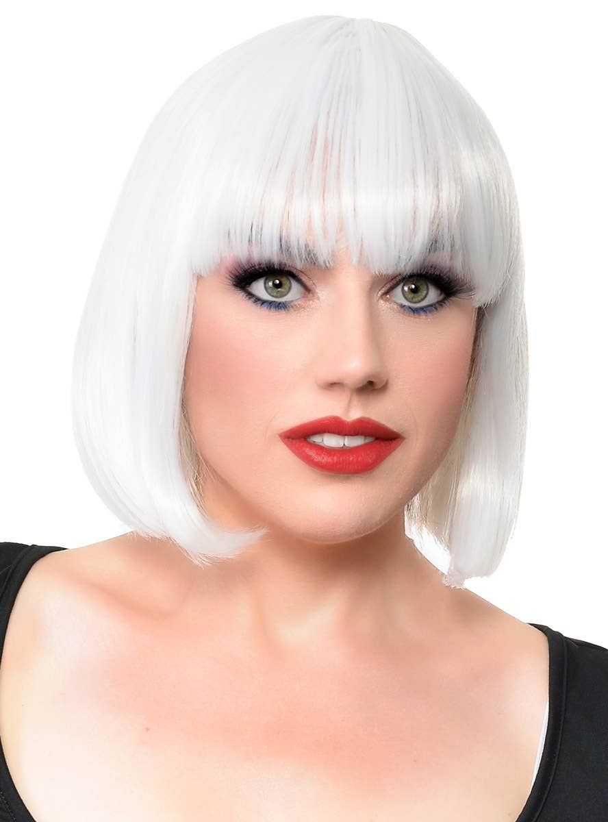 Short White Heat Resistant Bob Fashion Wig with Fringe - Image 1