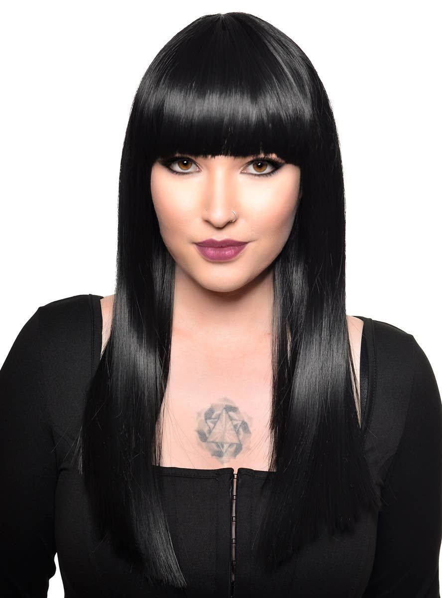Long Black Heat Resistant Womens Fashion Wig with Fringe - Image 1