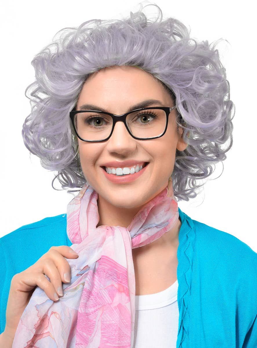Short Curly Grey Old Lady Womens Costume Wig - Image 1