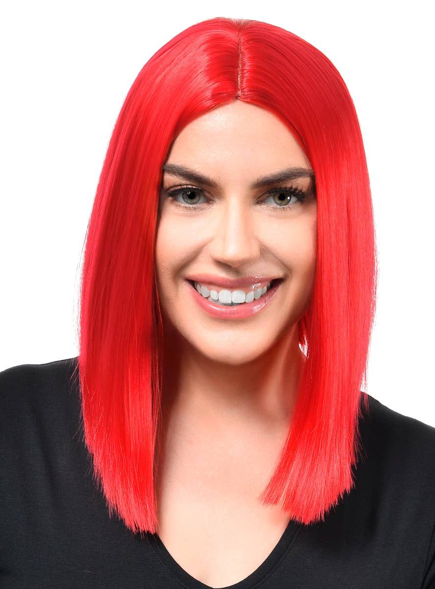 Vibrant Red Womens Deluxe Heat Resistant Bob Costume Wig - Image 1