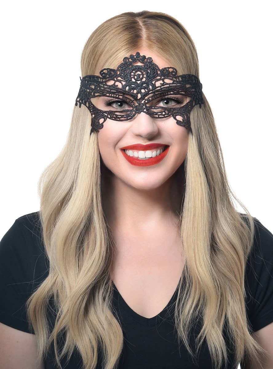 Luxe Black Lace Tie On Womens Masquerade Mask - Image 1