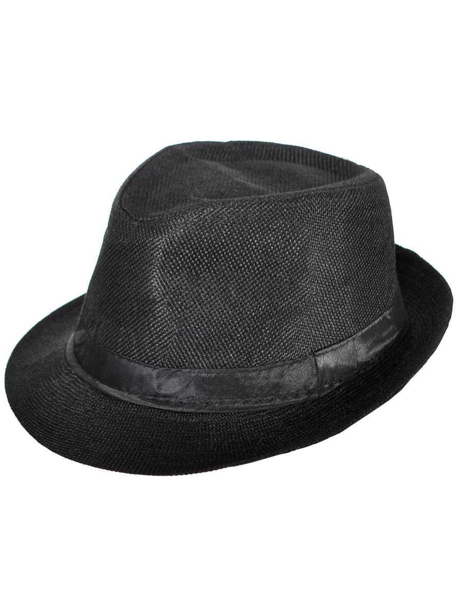 Woven Black Canvas 20s Gangster Fedora Costume Hat - Image 1