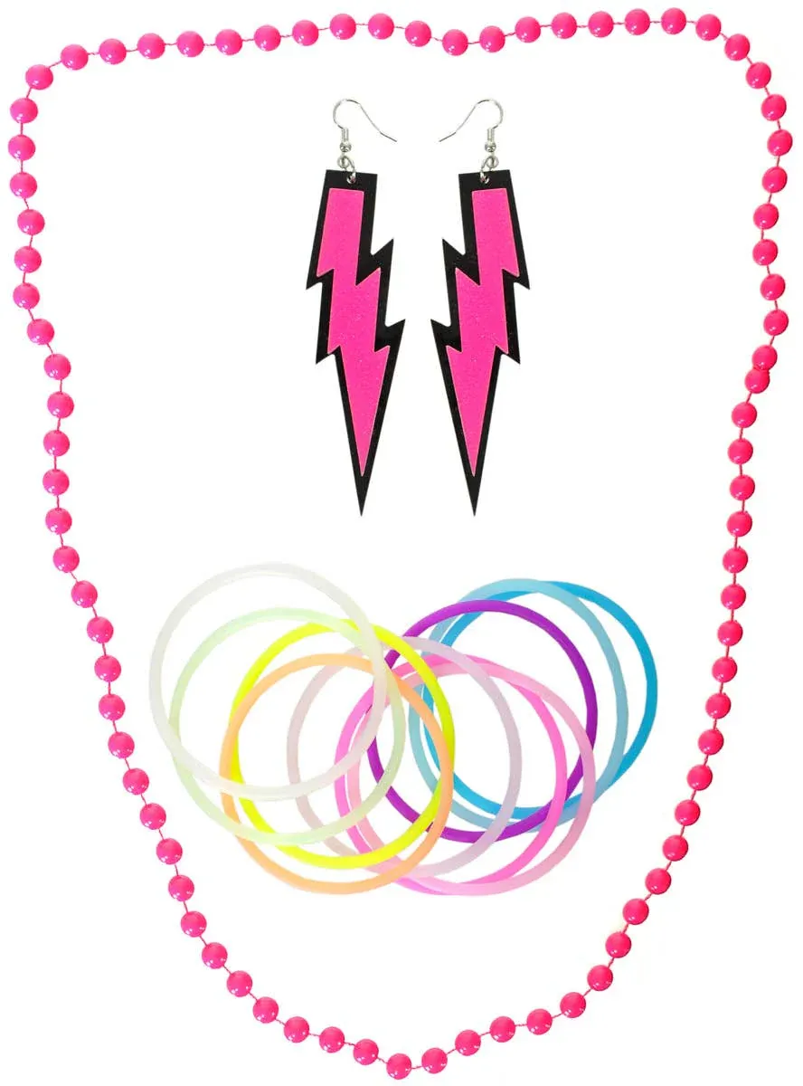 Neon Pink 3 Piece 1980s Costume Accessory Set - Image 1