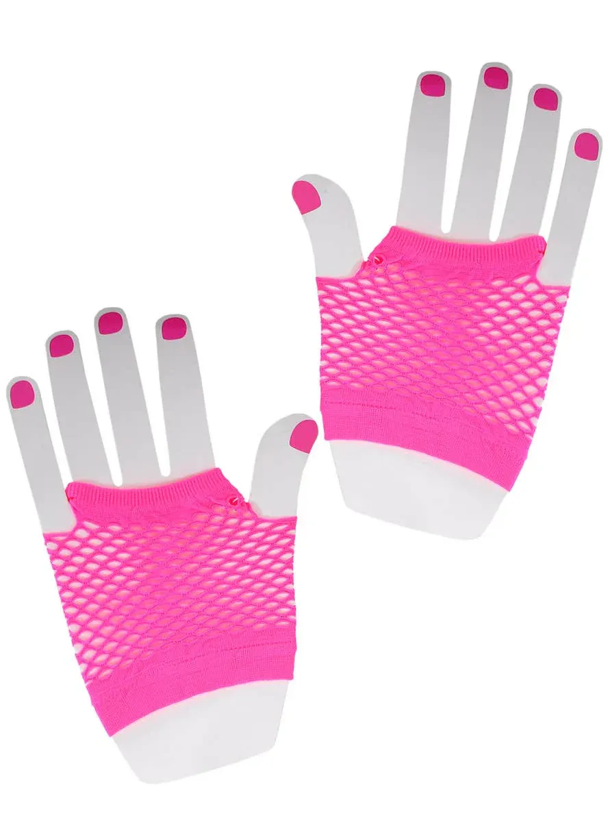 Short Neon Pink 1980s Fishnet Costume Gloves - Image 1