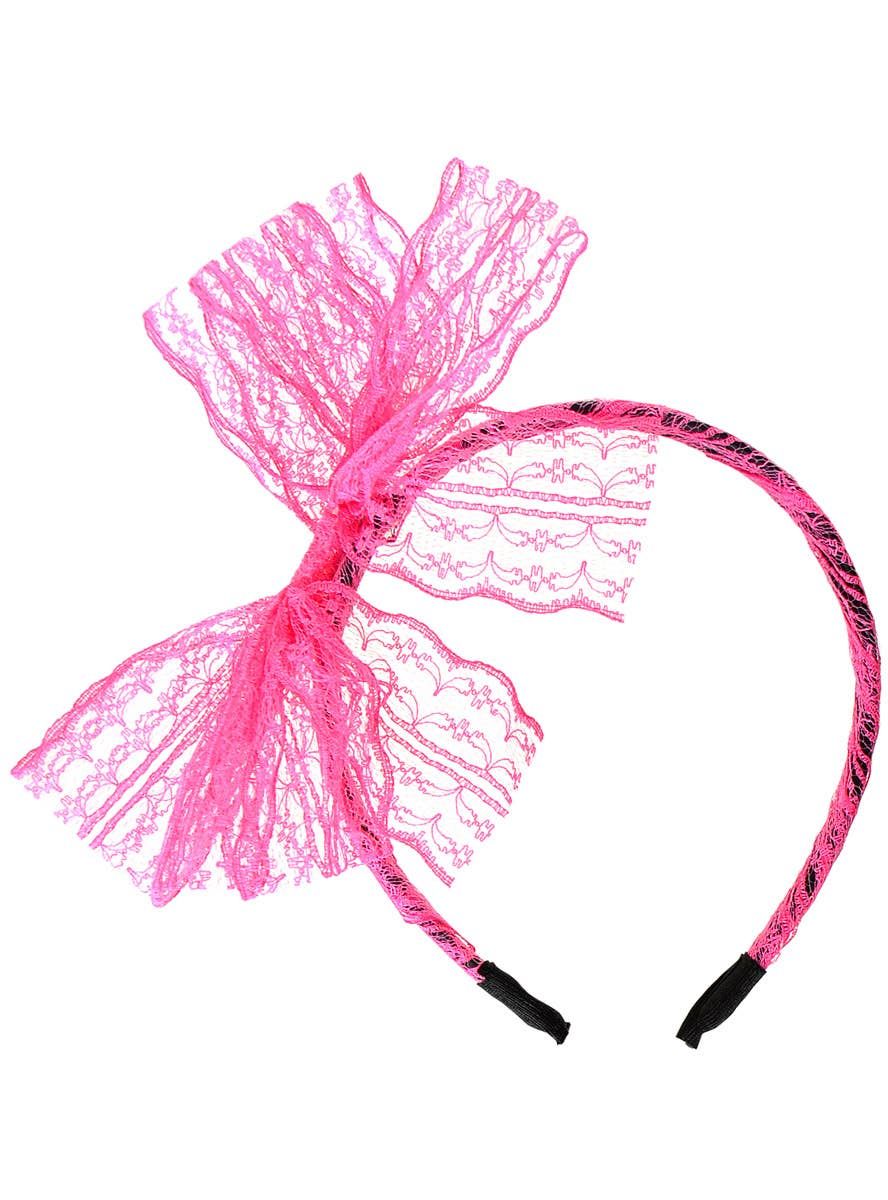 1980s Neon Pink and Black Lace Bow Costume Headband - Image 1