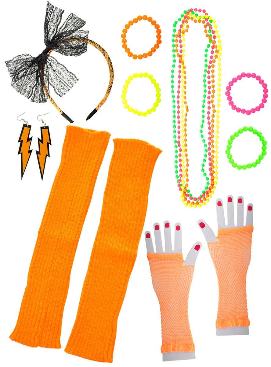 Neon Orange 12 Piece 1980s Costume Accessory Set - Image 1