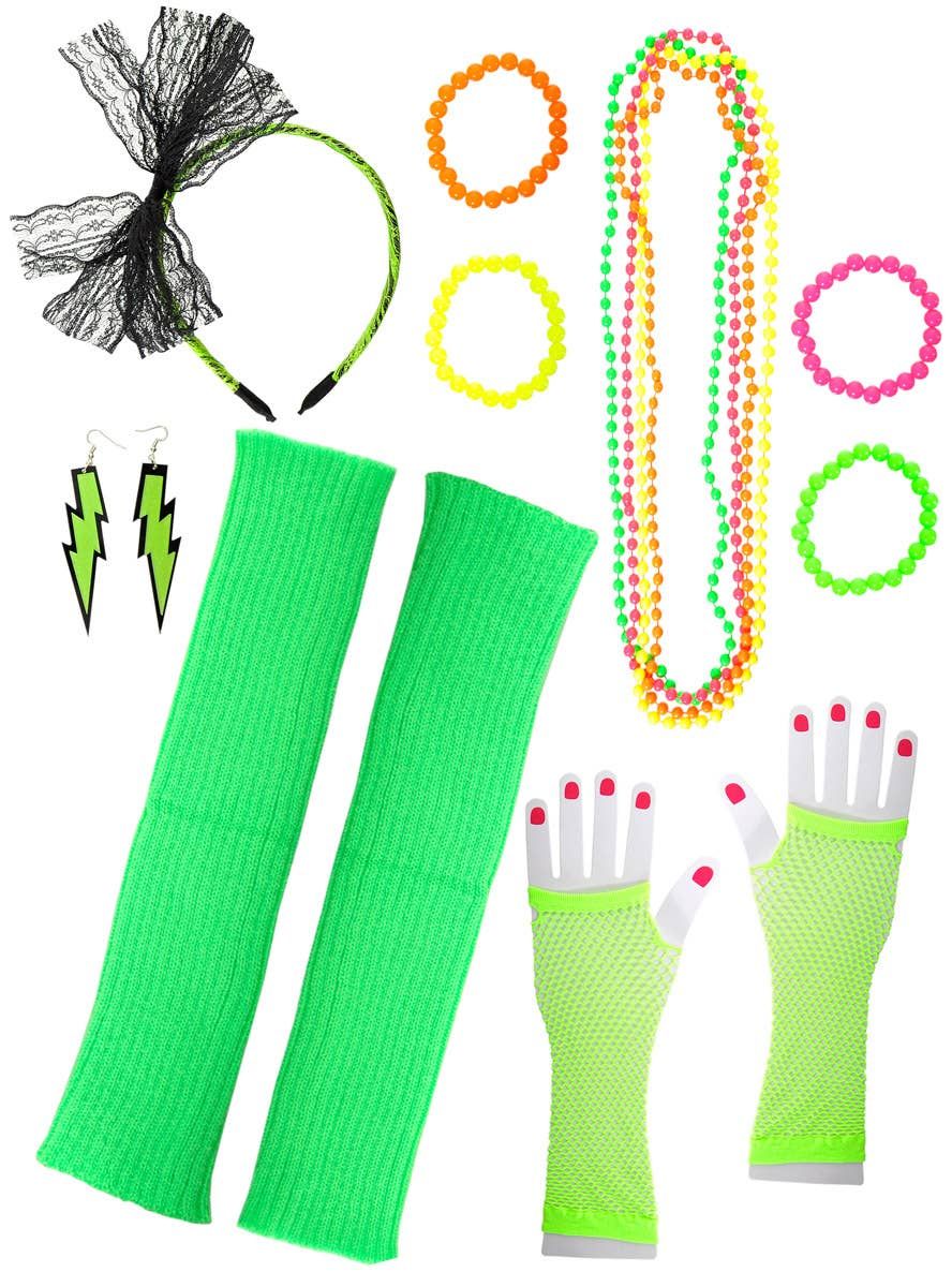 Neon Green 12 Piece 1980s Costume Accessory Set - Image 1