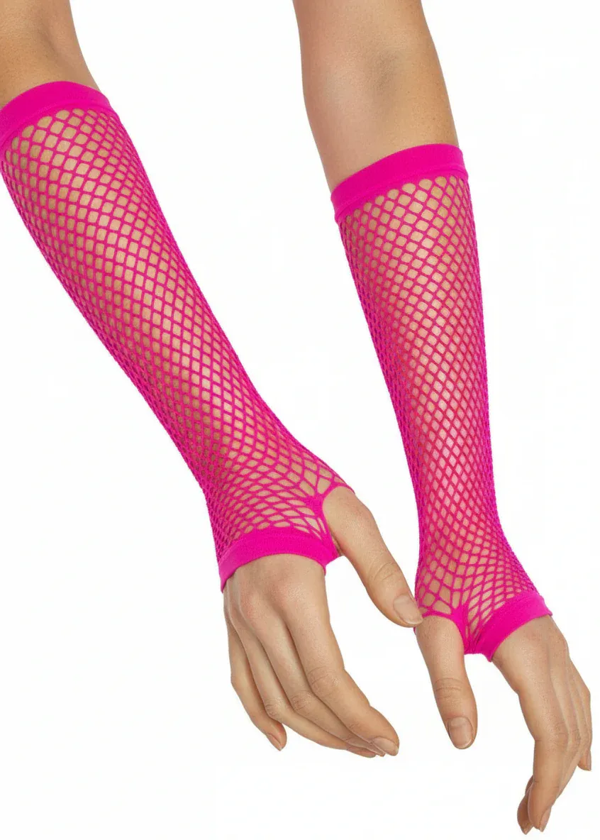 Hot Pink Adults Long Fishnet Costume Gloves - Image 1