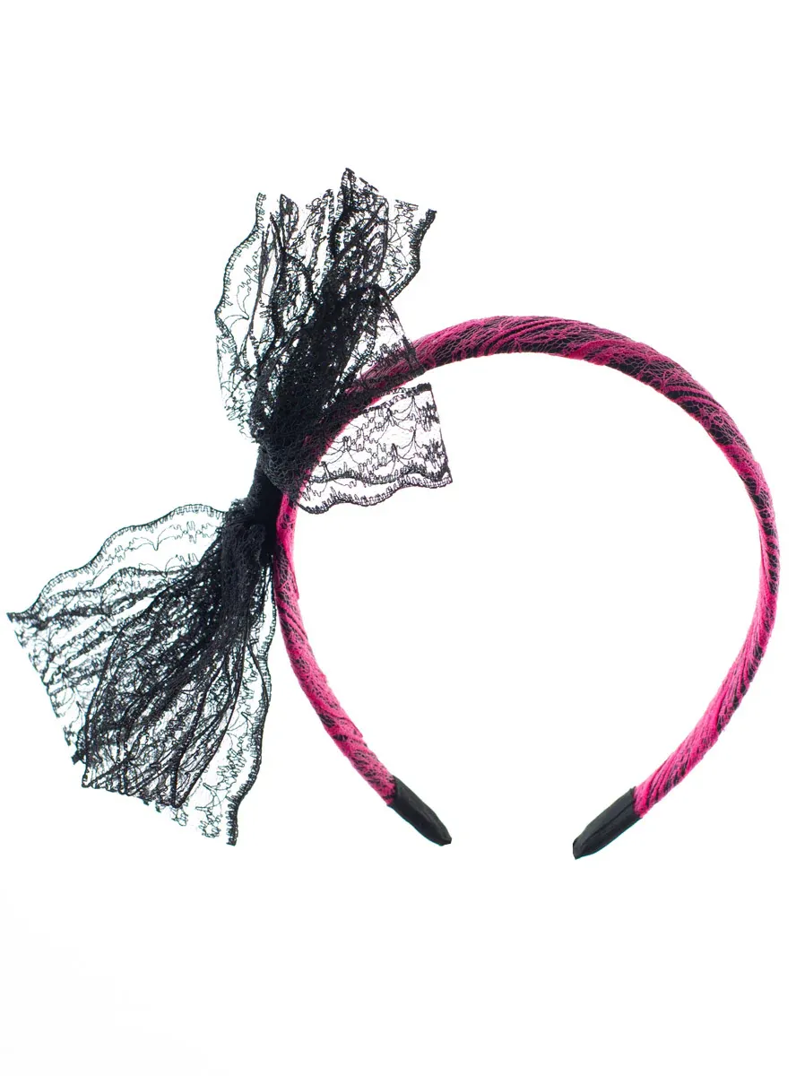 80s Neon Pink And Black Lace Costume Headband With Bow - Image 1