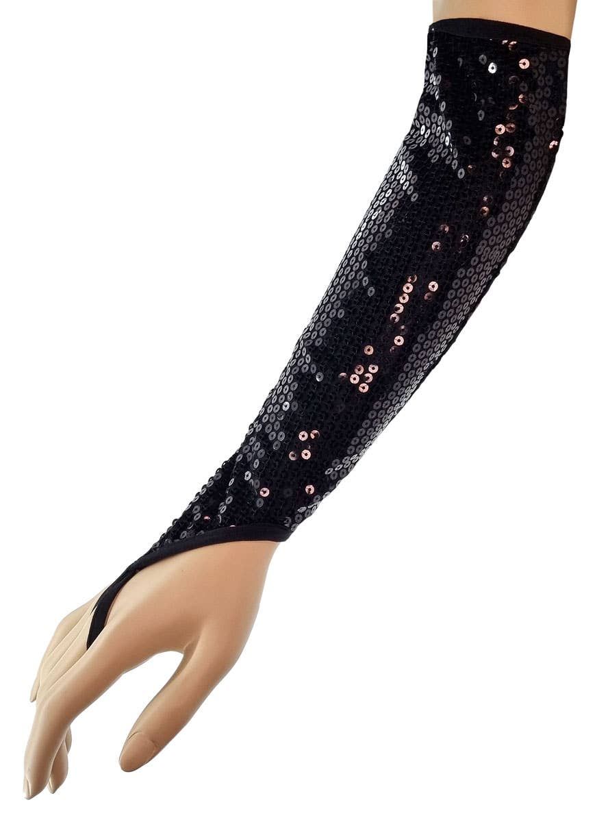 Plus Size Sequinned Long Black Fingerless Costume Gloves - Image 1