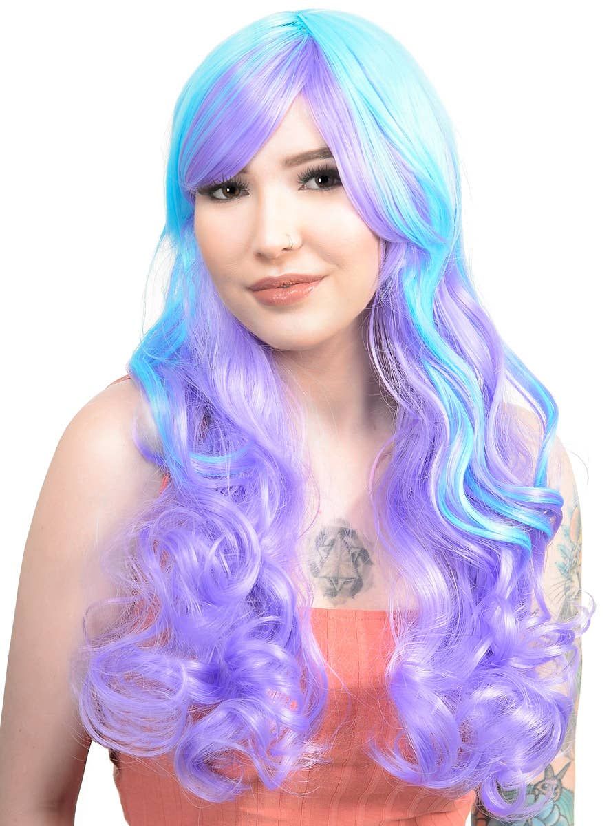 Cara Purple and Blue Long Curly Womens Costume Wig - Image 1
