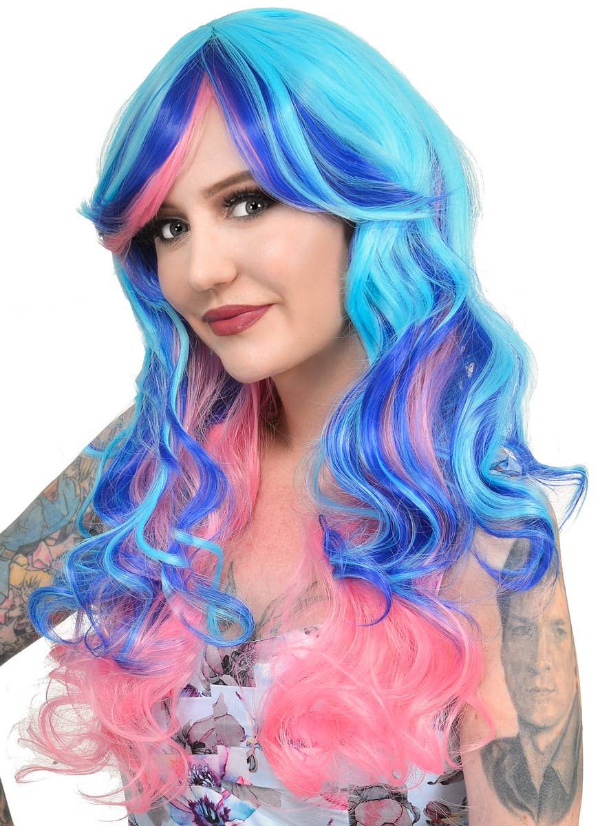 Skye Pink and Blue Long Curly Womens Costume Wig - Image 1