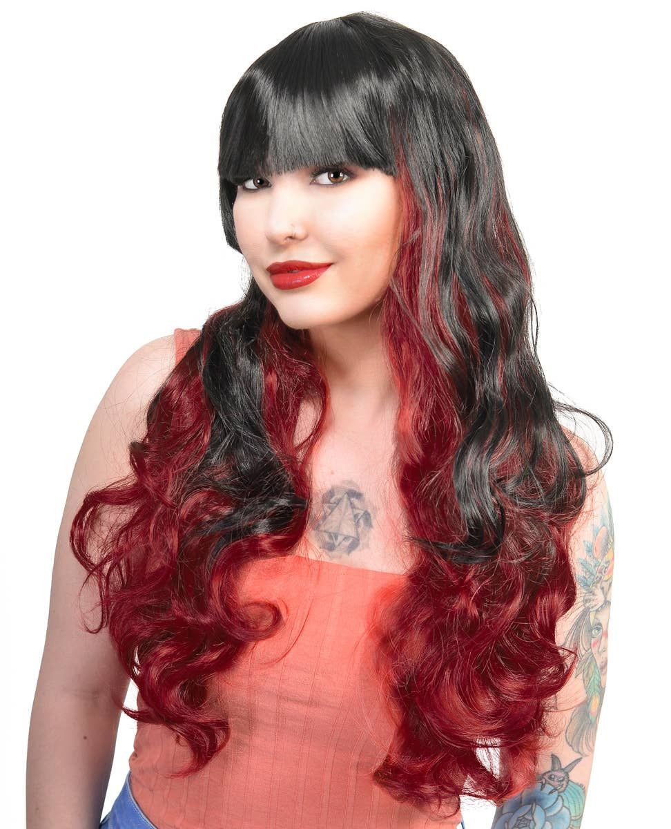 Quinn Red and Black Layered Curly Womens Costume Wig - Image 1