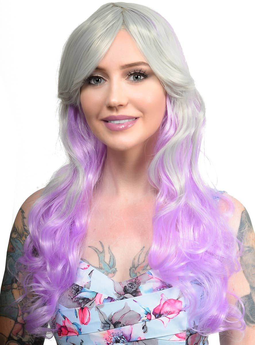Ainsley Silver and Purple Long Wavy Womens Costume Wig - Image 1