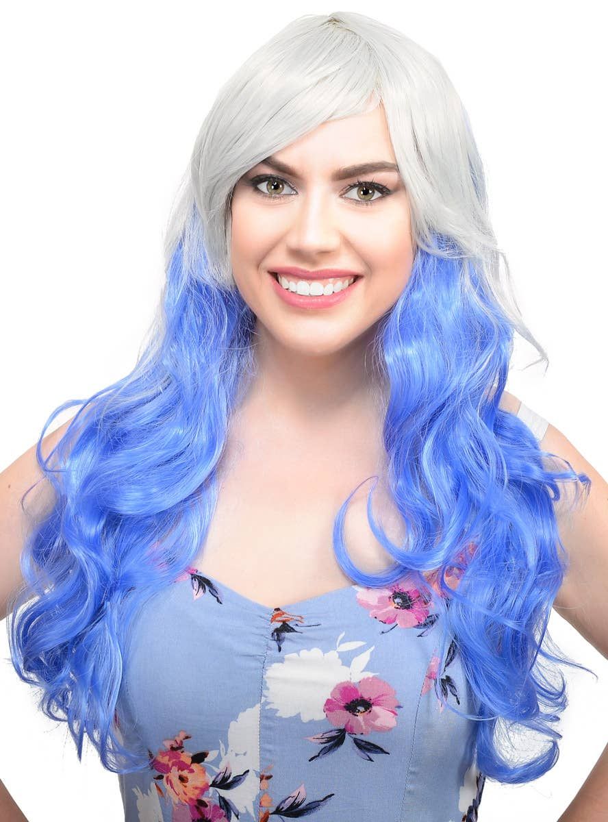 Elsie Blue and Grey Long Curly Womens Costume Wig - Image 1