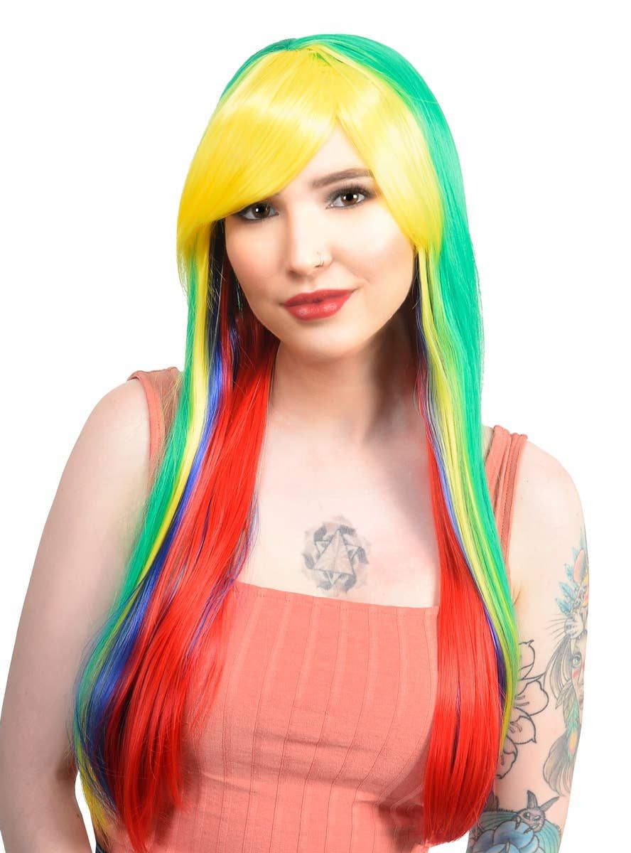 Bright Rainbow Layered Womens Straight Costume Wig - Image 1