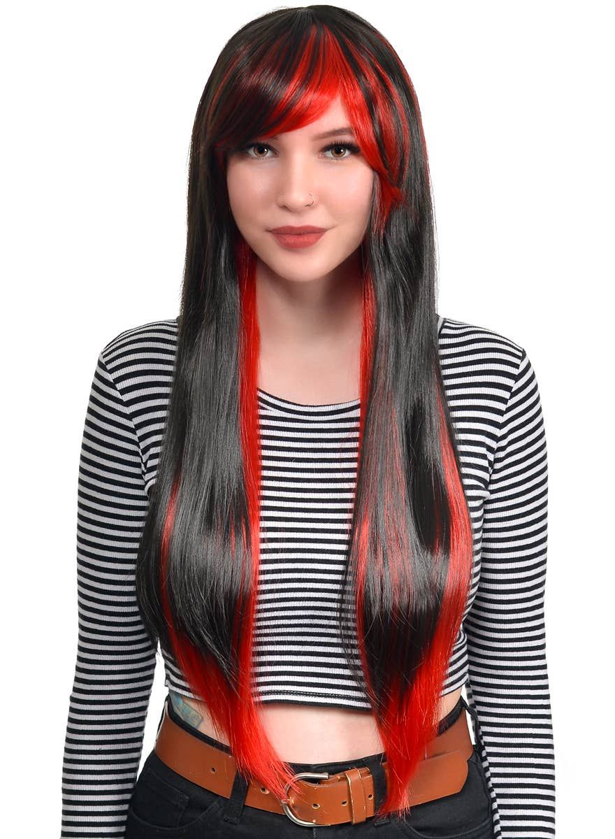 Ruby Extra Long Straight Black and Red Womens Costume Wig - Image 1