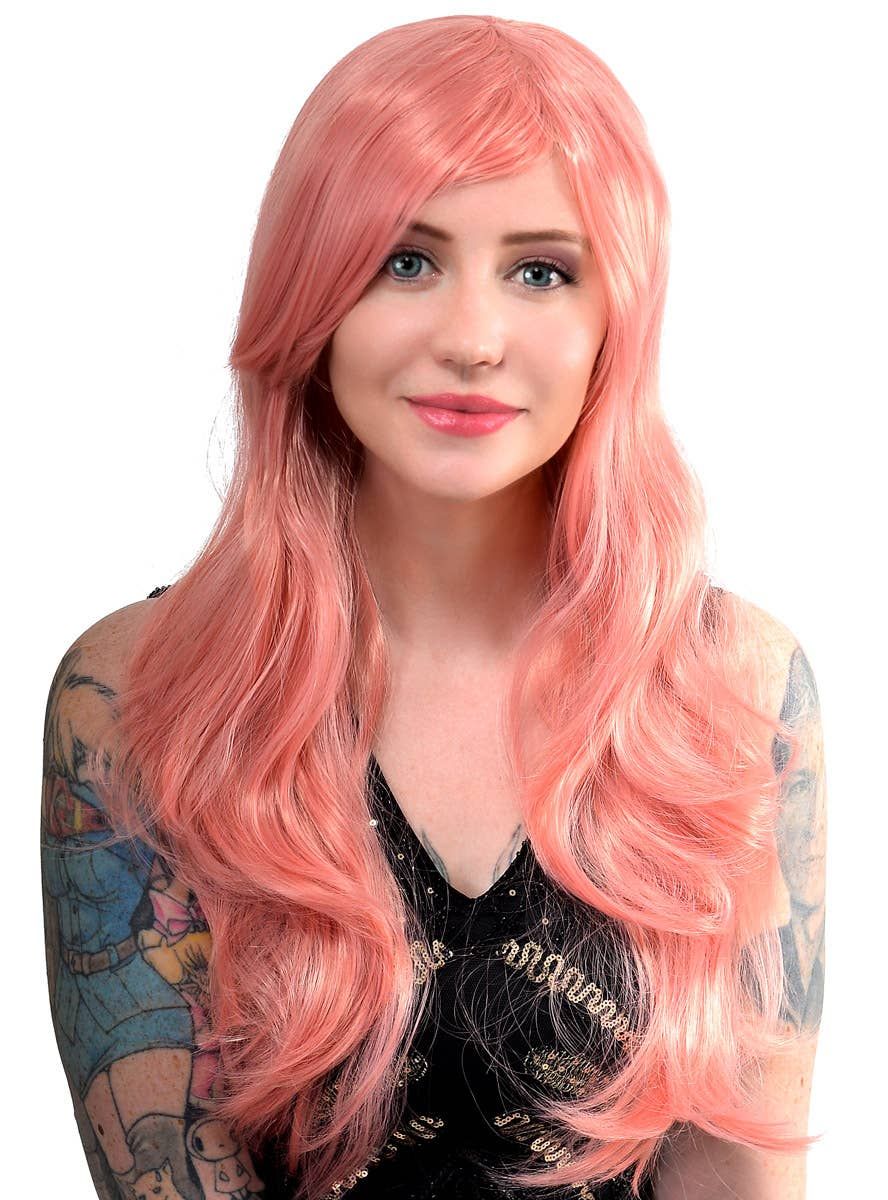 Katy Long Pastel Pink Wavy Womens Costume Wig with Side Fringe - Image 1