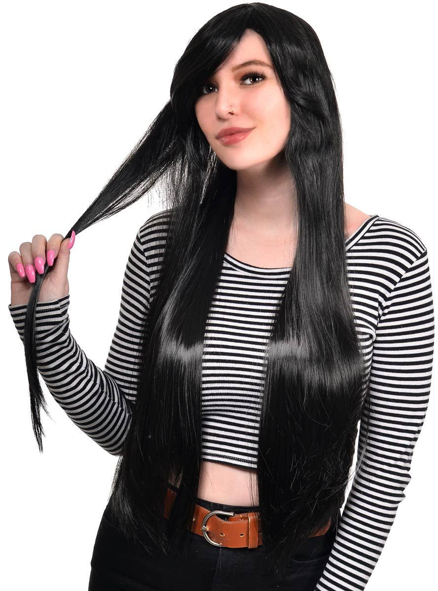 Morticia Womens Extra Long Straight Black Costume Wig - Image 1