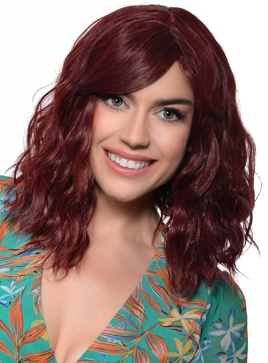 Deluxe Wavy Mid-Length Burgundy Fashion Wig with Skin Top - Image 1