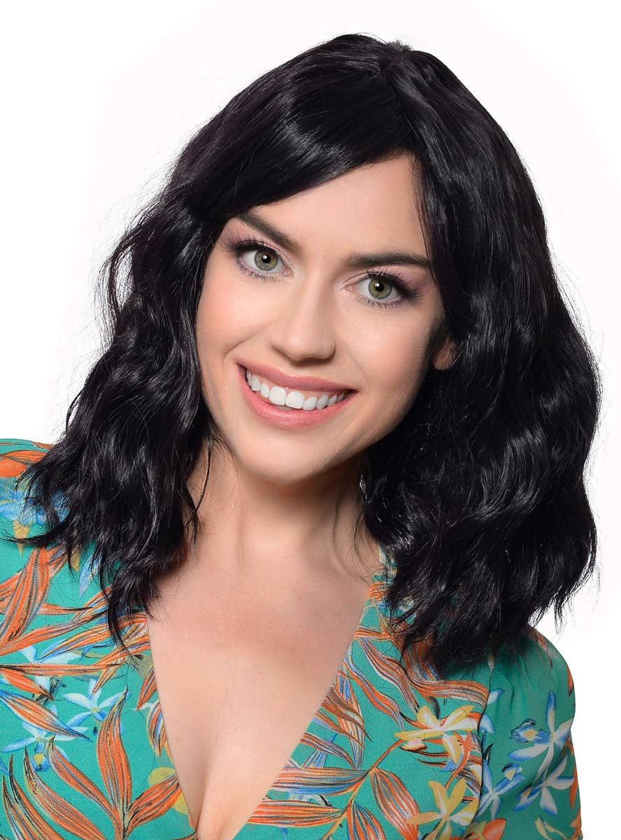Deluxe Wavy Mid-Length Black Fashion Wig with Skin Top - Image 1