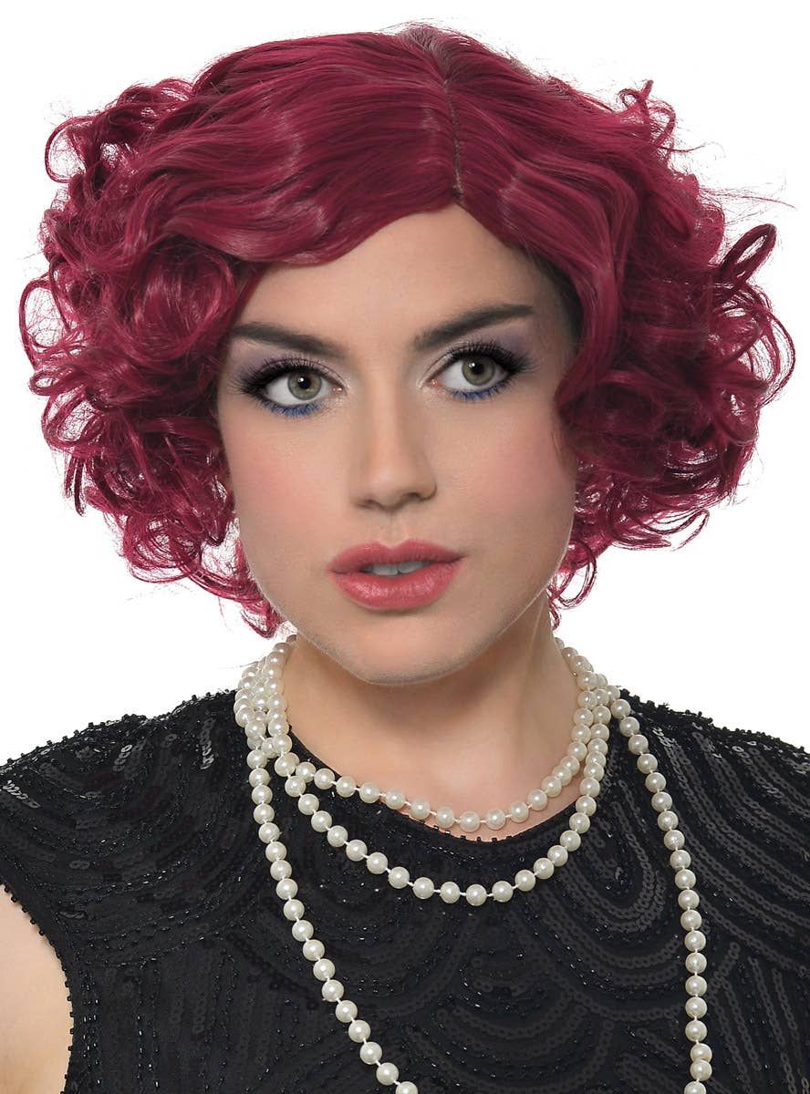 Deluxe 1920s Burgundy Flapper Costume Wig with Skin Part - Image 1