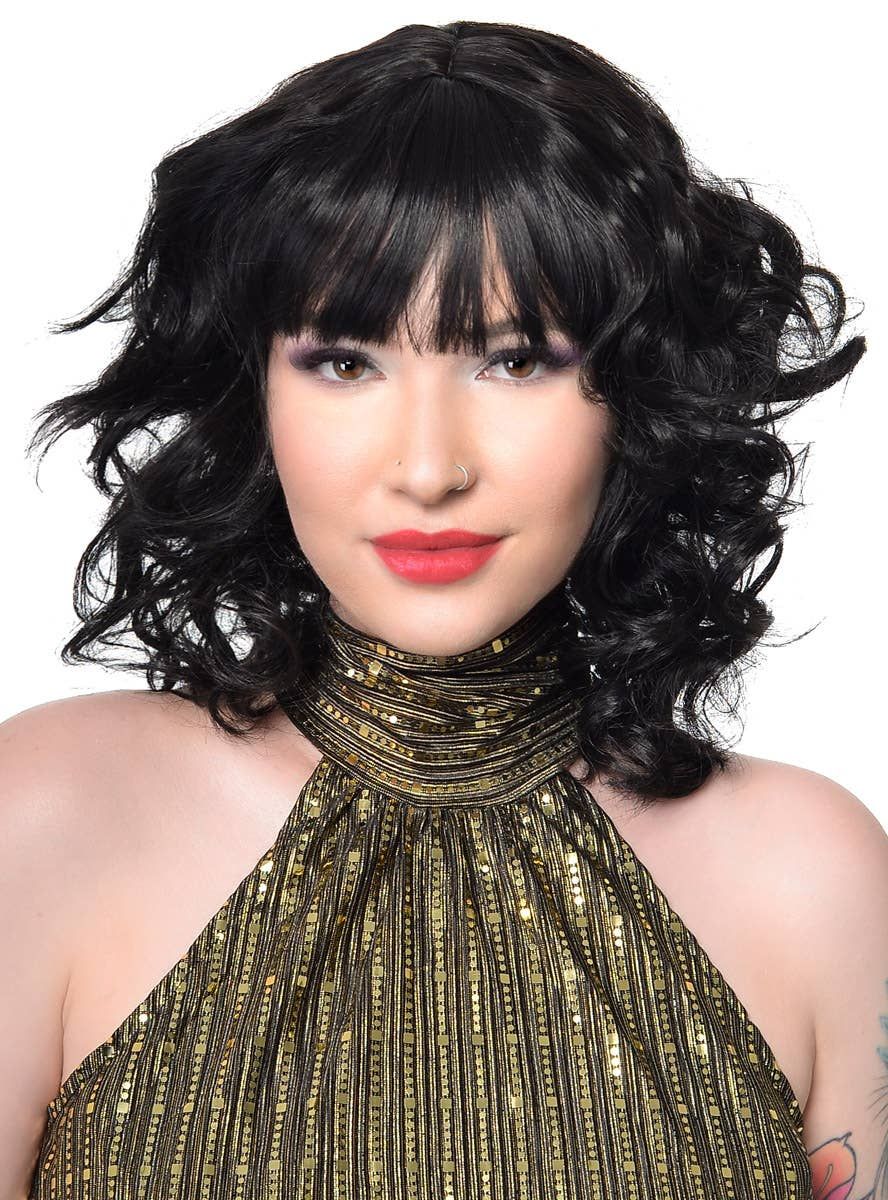 1970s Shag Style Womens Black Costume Wig with Fringe - Image 1