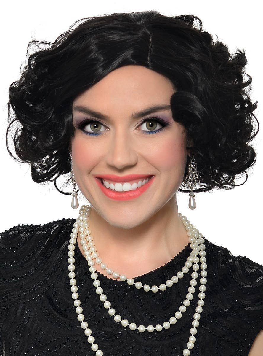 Deluxe 1920s Black Flapper Costume Wig with Skin Part - Image 1