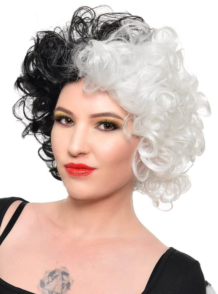 Classic Short Curly Black and White Costume Wig - Image 1